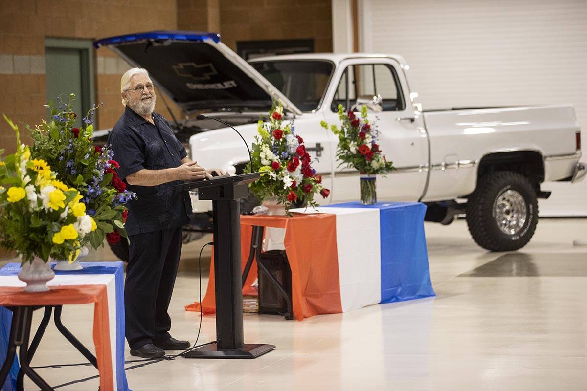 Bill Rose speaks during a ceremony to honor the memory of his best friend, Nevada Army National ...