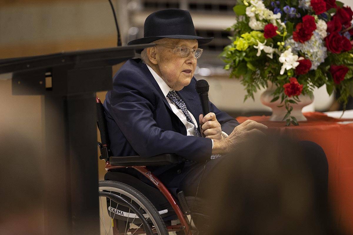 Former Nevada Senator Harry Reid speaks during a ceremony to honor the memory of Nevada Army Na ...