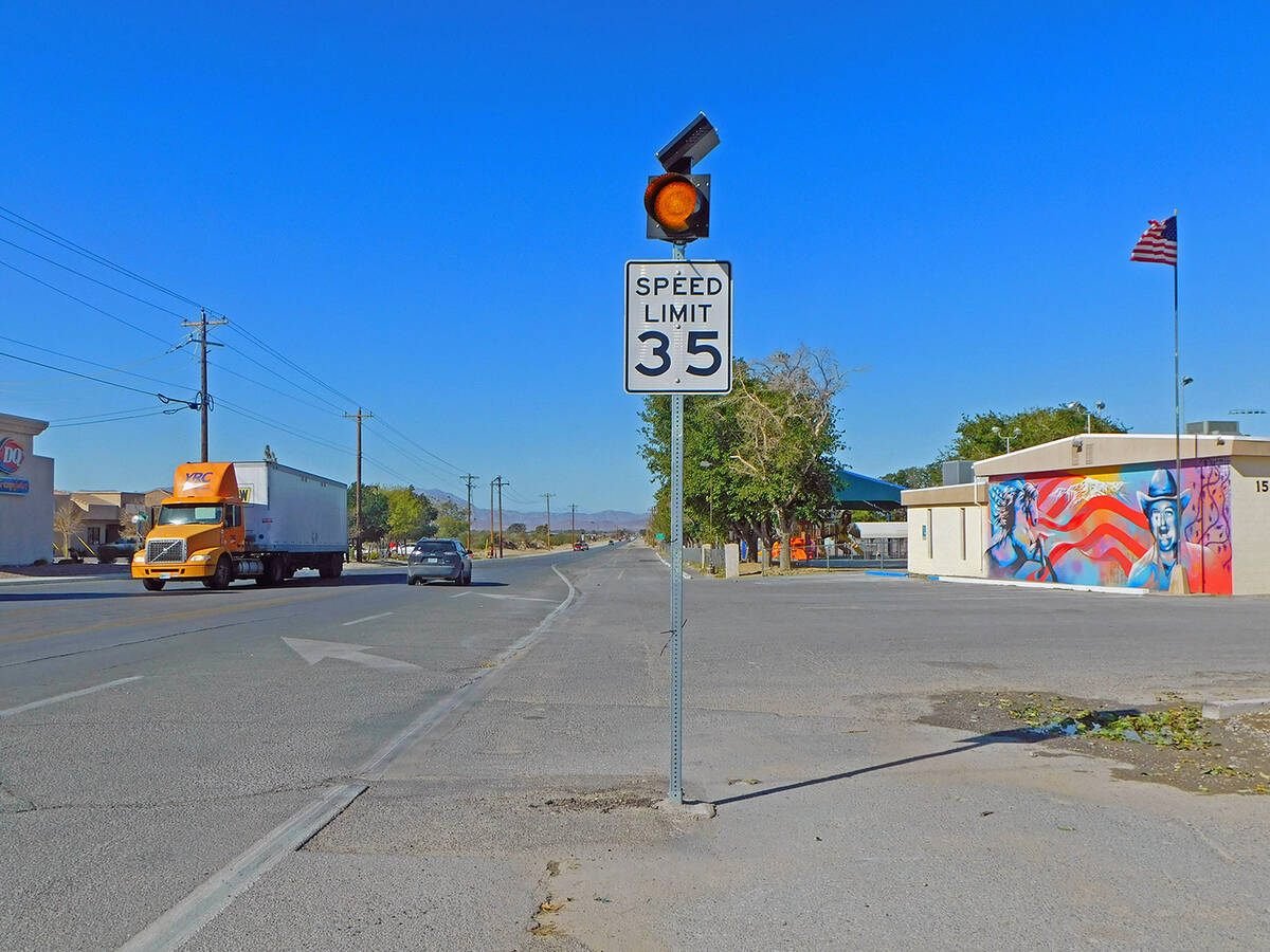 Robin Hebrock/Pahrump Valley Times The speed limit in front of Petrack Park and the Bob Ruud Co ...