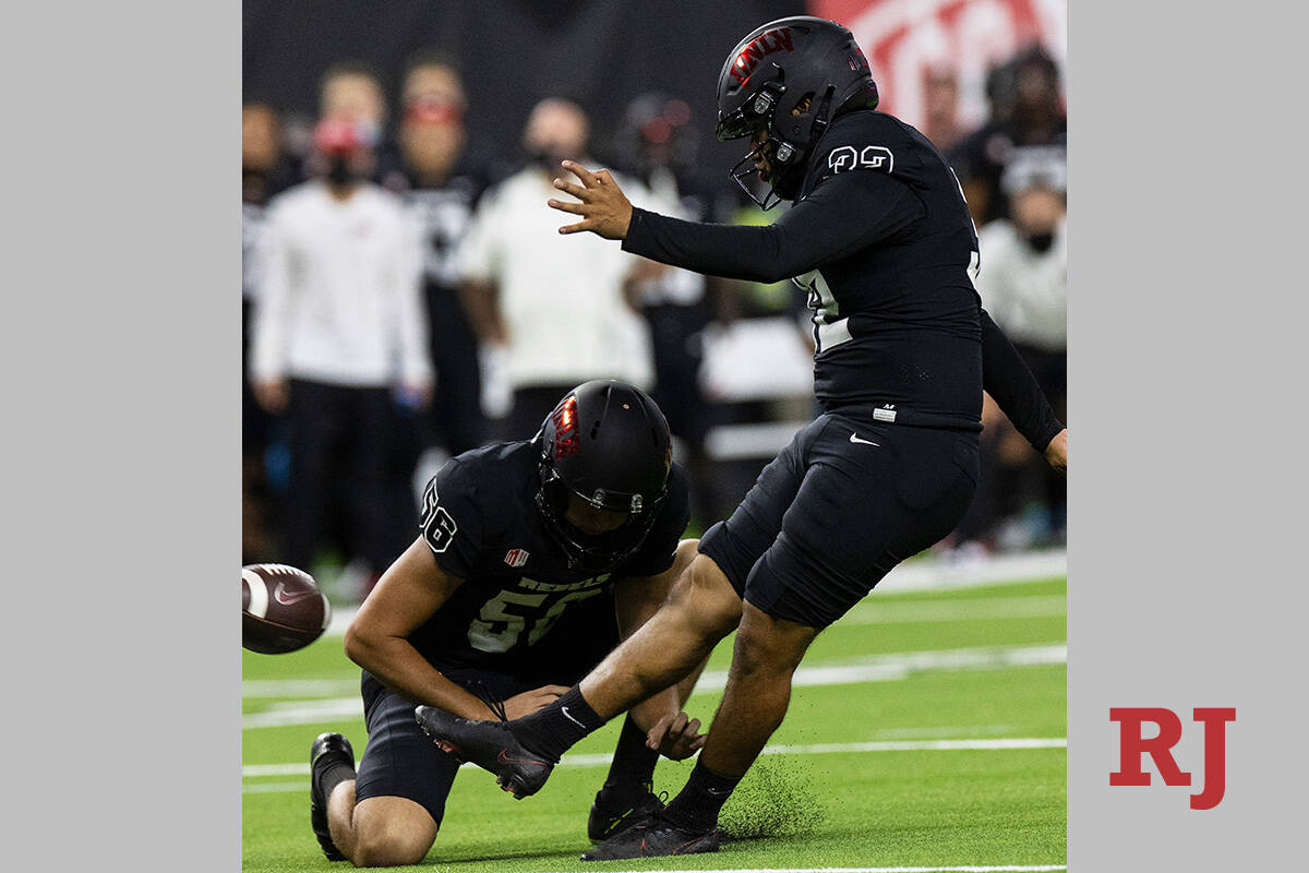 UNLV Rebels kicker Daniel Gutierrez (32) kicks a field goal during an NCAA football game again ...