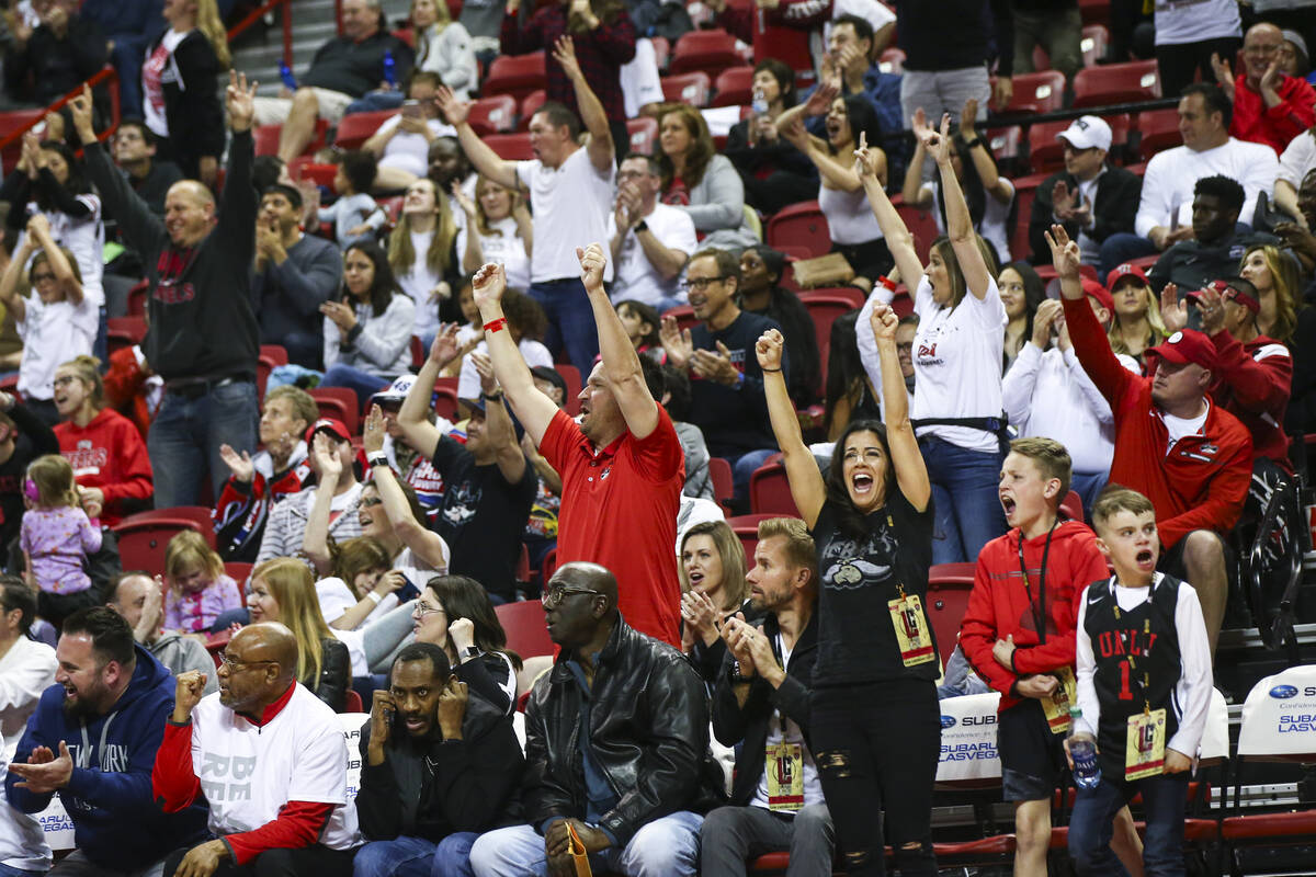 UNLV Rebels fans cheer during the second half of a basketball game against the Boise State Bron ...
