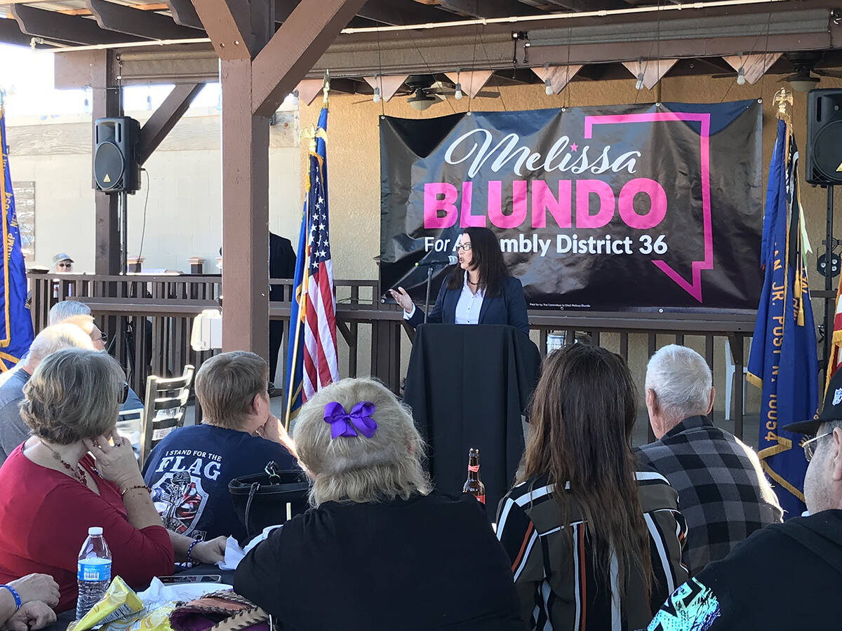 Robin Hebrock/Pahrump Valley Times Nevada Assembly candidate Melissa Blundo is pictured address ...