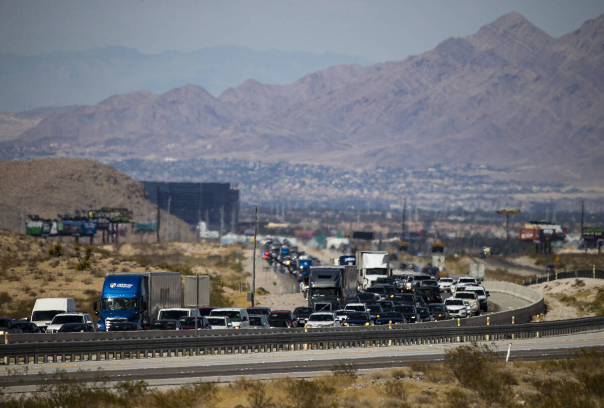 Traffic is backed up as motorists travel southbound on Interstate 15, seen north of Jean, on Mo ...