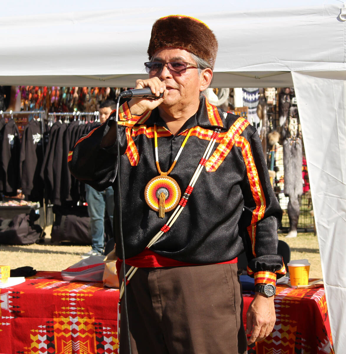 Robin Hebrock/Pahrump Valley Times Pahrump Social Powwow Master of Ceremonies Michael Reifel is ...