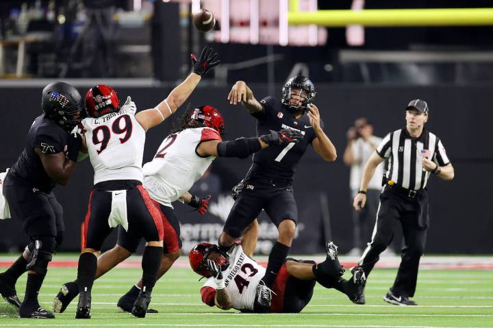 UNLV Rebels quarterback Cameron Friel (7) makes a pass under pressure from San Diego State Azte ...