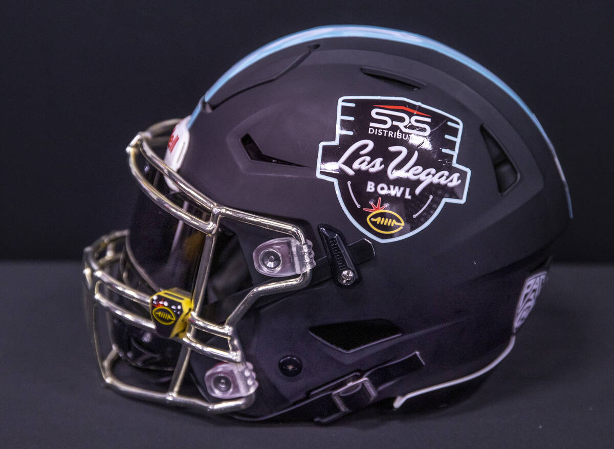 Helmet with 2021 SRS Distribution Las Vegas Bowl logo during announcement for the Las Vegas Bow ...