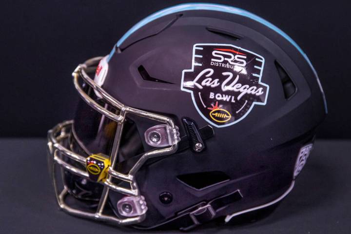 Helmet with 2021 SRS Distribution Las Vegas Bowl logo during announcement for the Las Vegas Bow ...