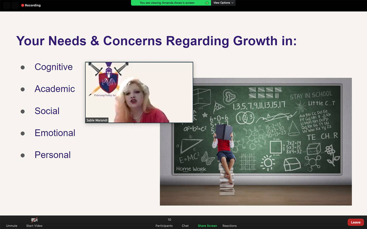 Screenshot Pahrump Valley Academy founder Sable Marandi is shown addressing attendees at a virt ...