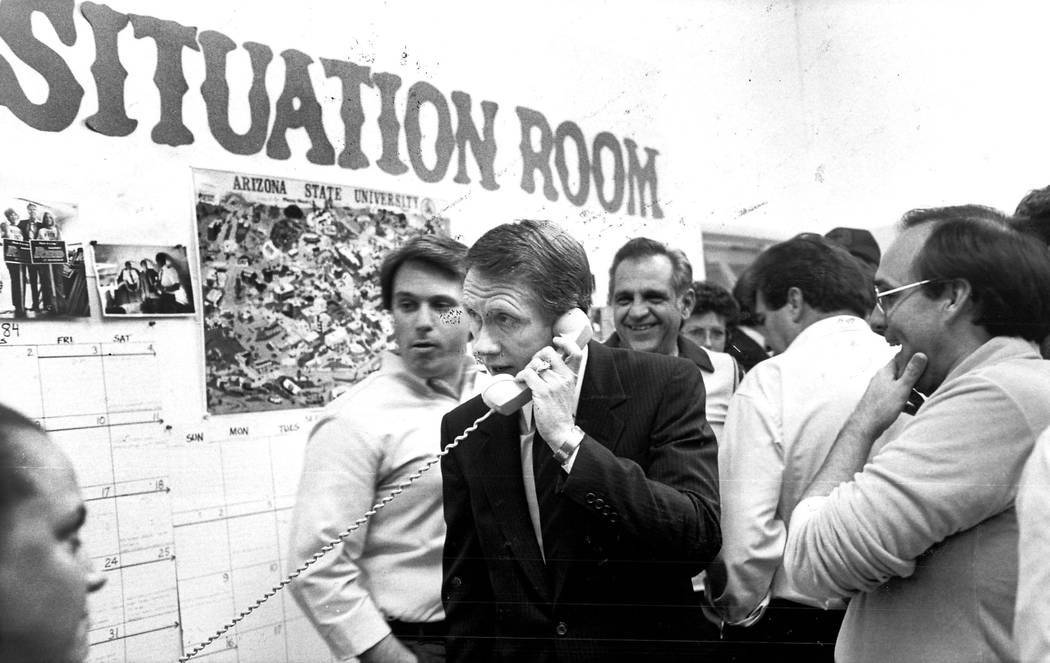 Harry Reid takes a phone call at his campaign headquarters in 1984. (File Photo)