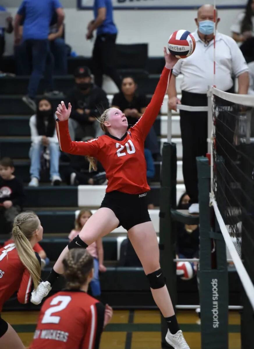 Special to the Tonopah Times/Hannah Dowers going for a spike during a volleyball game this seas ...