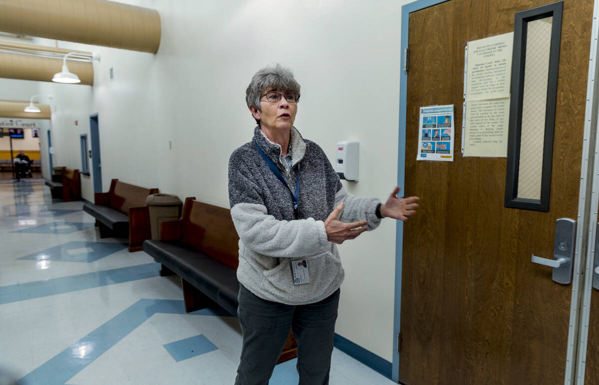 Nye County District Judge Kim Wanker talks outside her courtroom on Jan. 6, 2022, about the lac ...