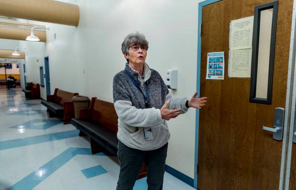 Nye County District Judge Kim Wanker talks outside her courtroom on Jan. 6, 2022, about the lac ...