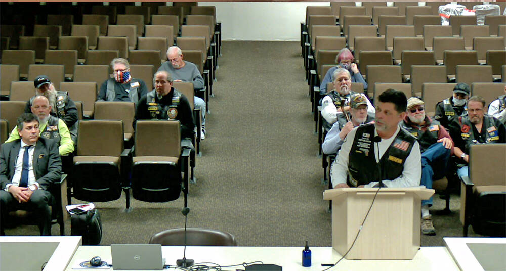 Screenshot This screenshot shows VFW Riders member Bill Carns speaking before the Nye County Co ...
