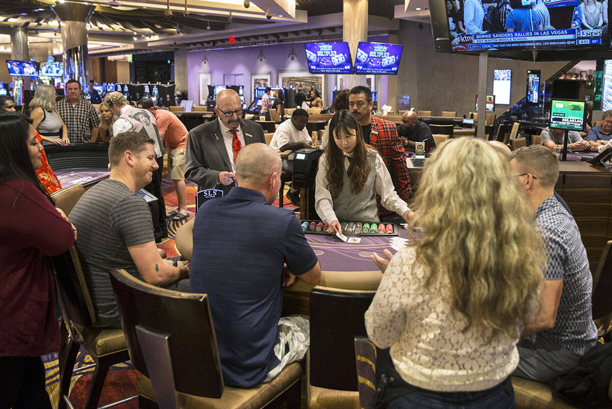 Gambers play blackjack on Thursday, May, 30, 2019, in Las Vegas at what was then SLS Las Vegas, ...