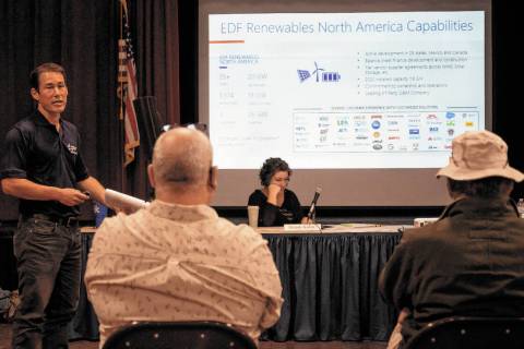Devon Muto, of EDF Renewables gives a presentation to the Beatty Town Advisory Board Jan. 31, a ...