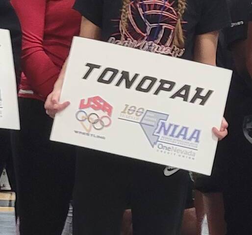 Tonopah High School wrestlers Kaya Cobb (back) and Montana Strozzi (front) at the first NIAA Al ...