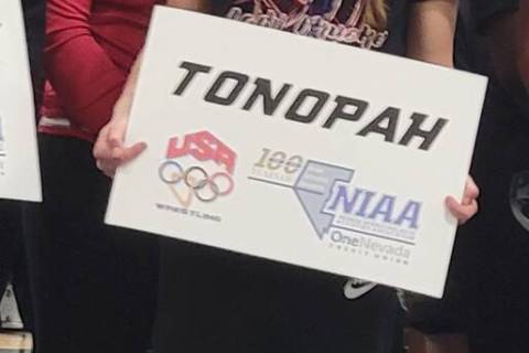 Tonopah High School wrestlers Kaya Cobb (back) and Montana Strozzi (front) at the first NIAA Al ...