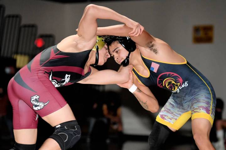 Peter Davis/Pahrump Valley Times Pahrump Valley senior Henry Amaya during a wrestling match aga ...