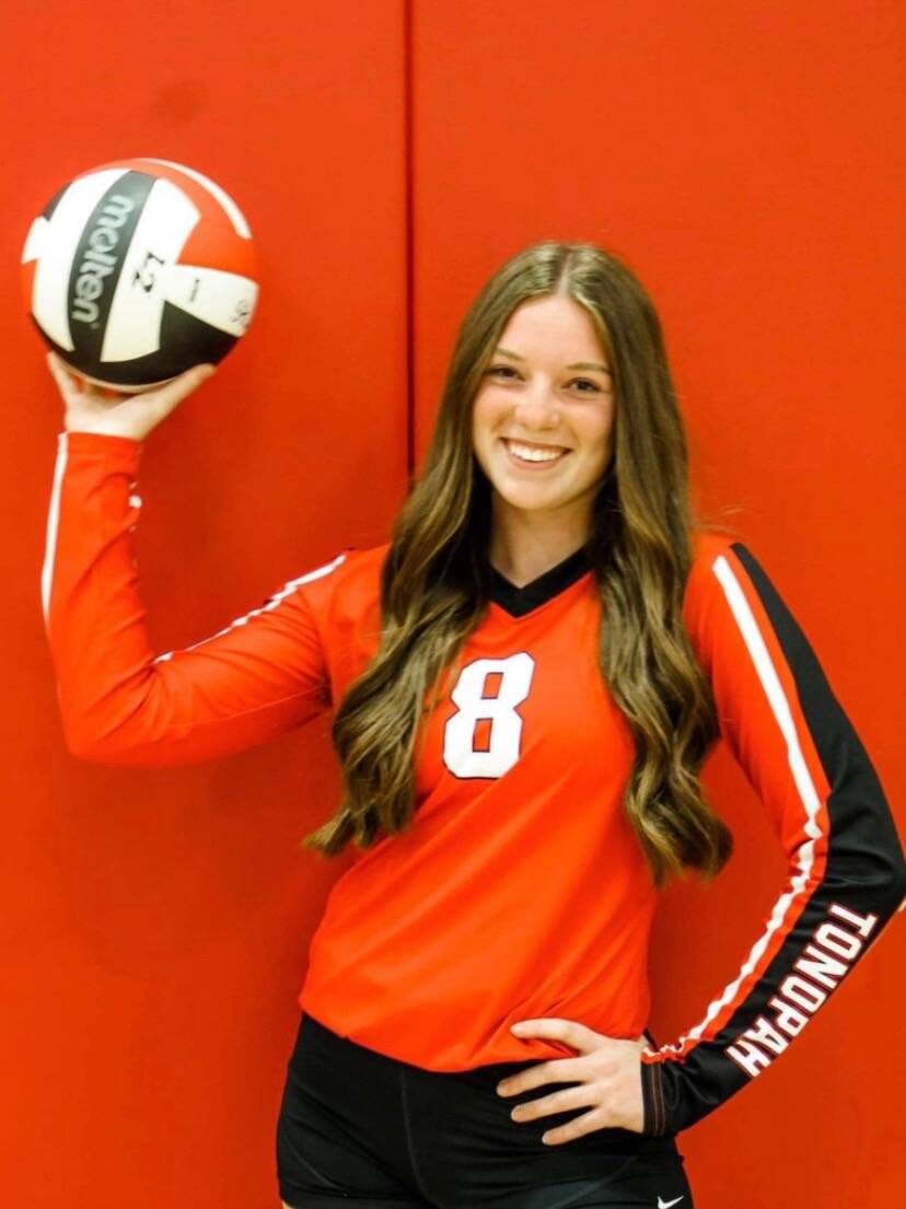 Tonopah High School senior Jessica Callaway (8) poses for her volleyball picture during her sen ...