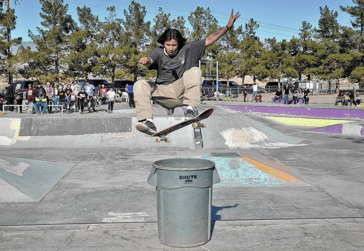 Zander Stephens, an eighth-grader, did a frontside 180 over the trash can at Justin Leavitt Mem ...