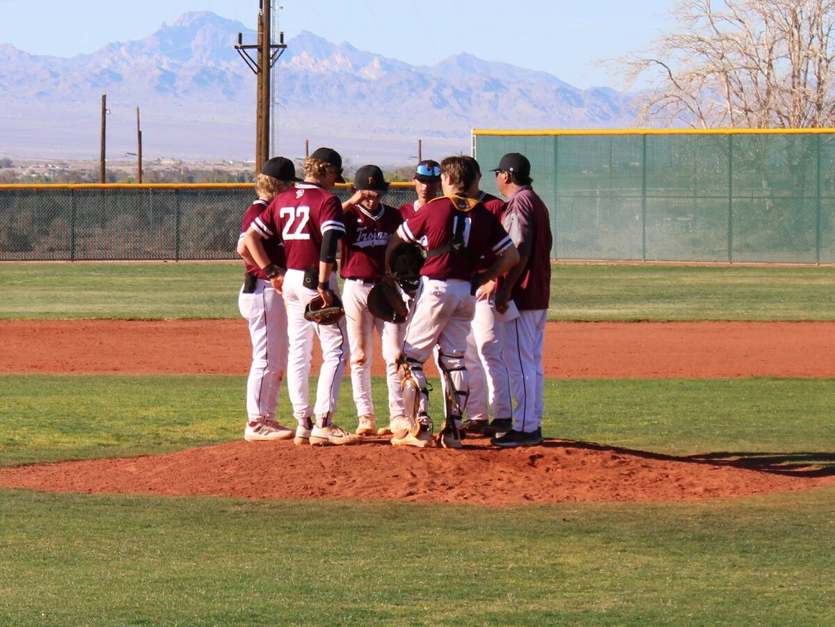 Danny Smyth/Pahrump Valley Times The Trojans have a meeting on the mound with head coach Roy U ...