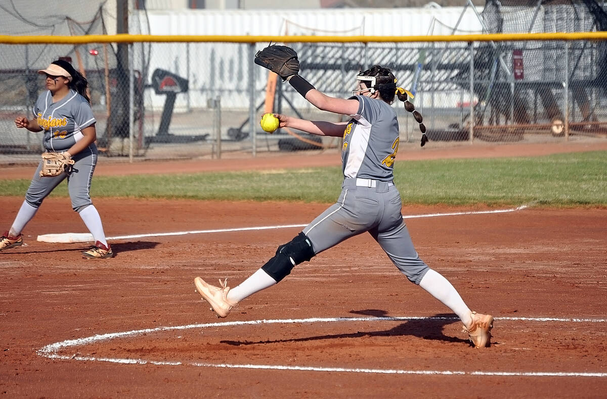 Horace Langford Jr./Pahrump Valley Times Pahrump Valley Trojan Cat Sandaval pitches during the ...