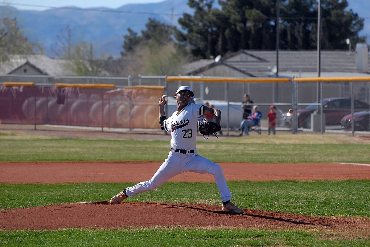 Horace Langford Jr./Pahrump Valley Times Trojan pitcher Fidel Betancourt (23) on the mound for ...