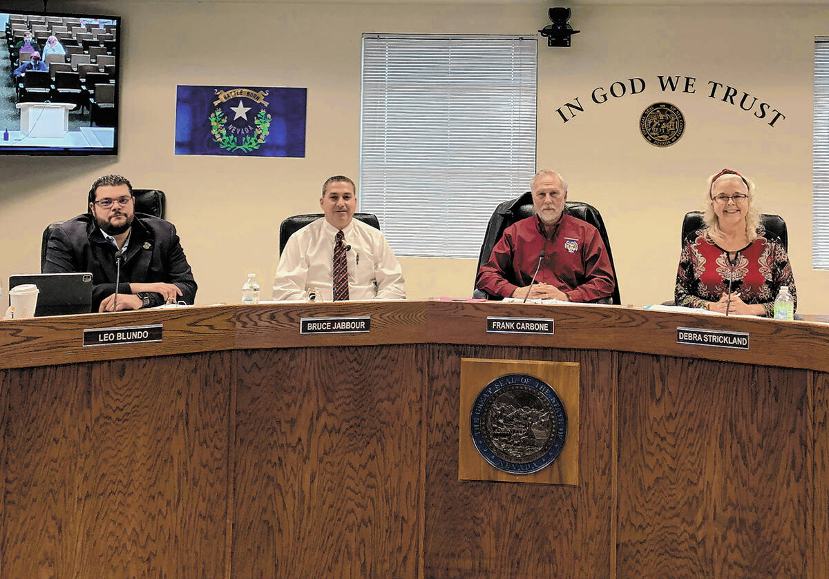 From left to right are Nye County Commissioners Leo Blundo, Bruce Jabbour, Frank Carbone and De ...