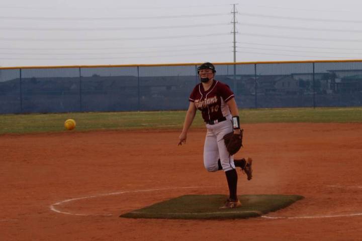 Danny Smyth/Pahrump Valley Times Ava Charles watching on after she delivers a pitch to a Sierra ...