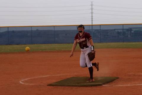 Danny Smyth/Pahrump Valley Times Ava Charles watching on after she delivers a pitch to a Sierra ...