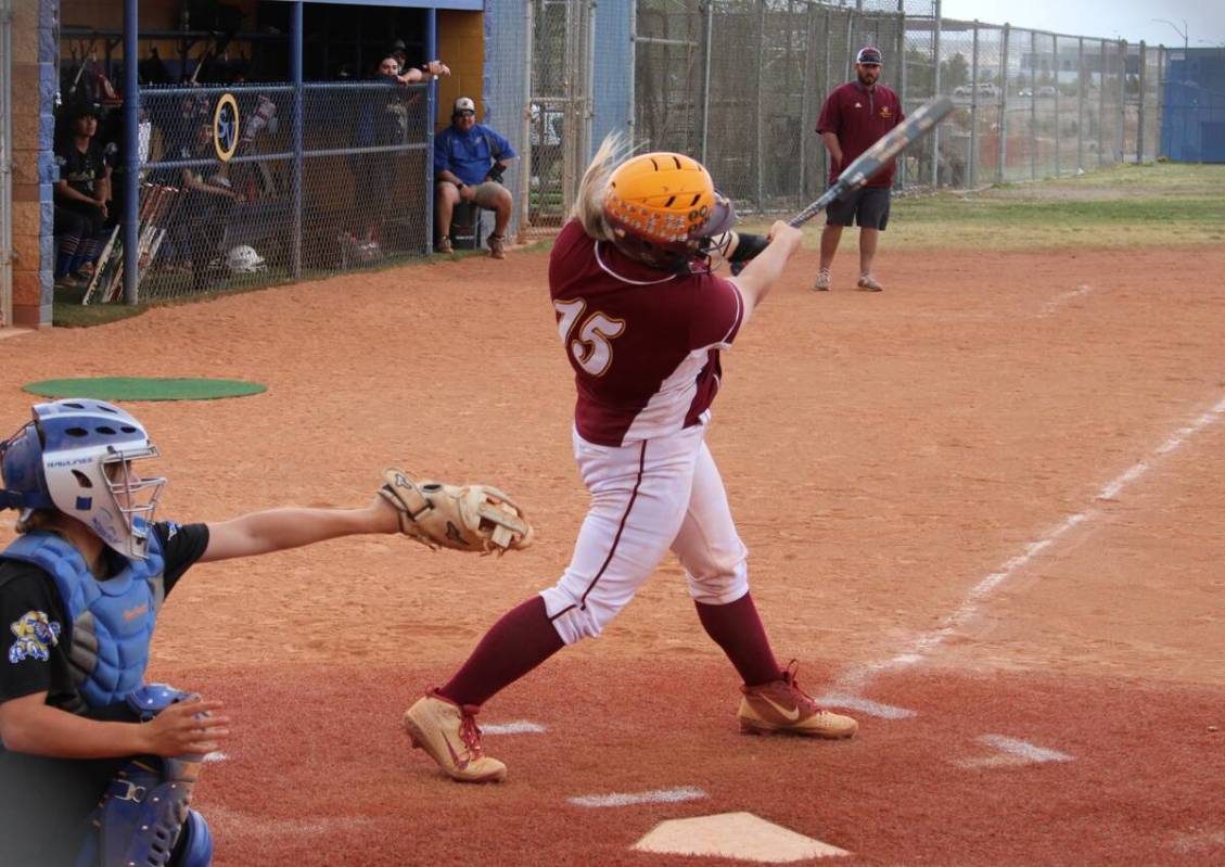 Danny Smyth/Pahrump Valley Times Trojan catcher DeAnna Egan battling at the plate against the S ...