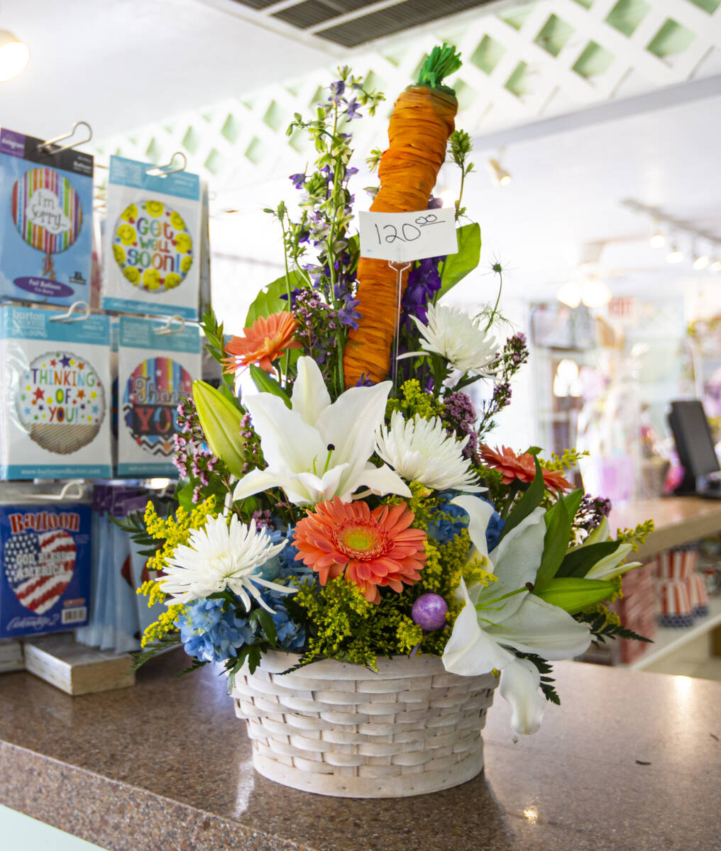 An Easter display is seen at DiBella Flowers and Gifts on Tuesday, April 12, 2022, in Las Vegas ...