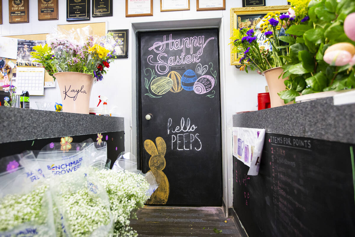 Easter decorations are pictured in a workroom at DiBella Flowers and Gifts on Tuesday, April 12 ...