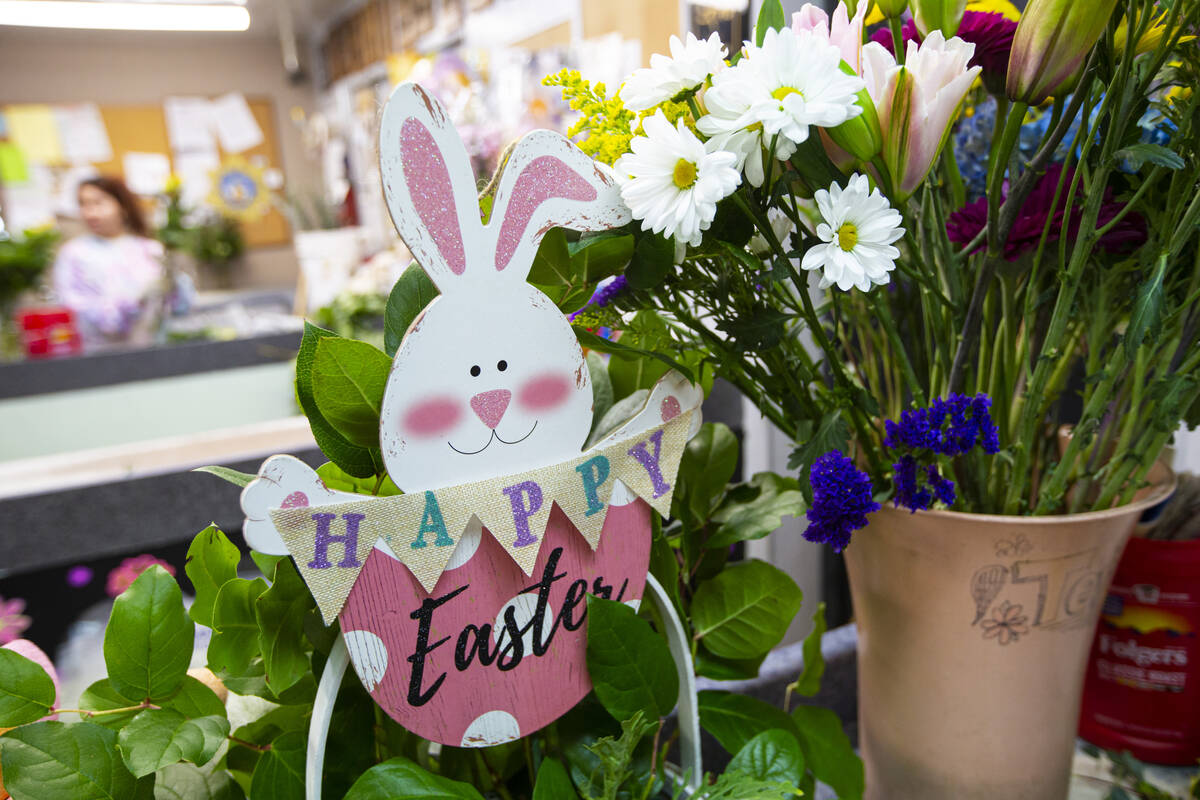 An Easter display is seen at DiBella Flowers and Gifts on Tuesday, April 12, 2022, in Las Vegas ...