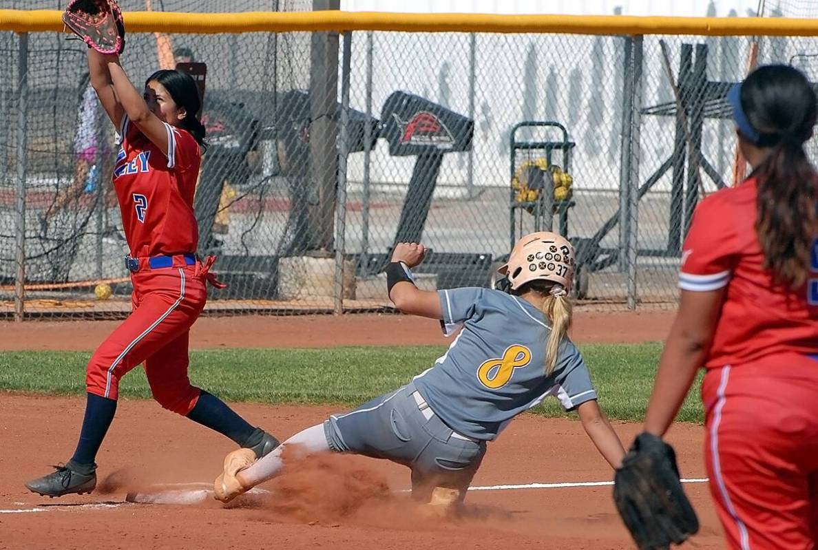 Horace Langford Jr./Pahrump Valley Times Pahrump Valley senior Ciara Stragand (8) sliding into ...