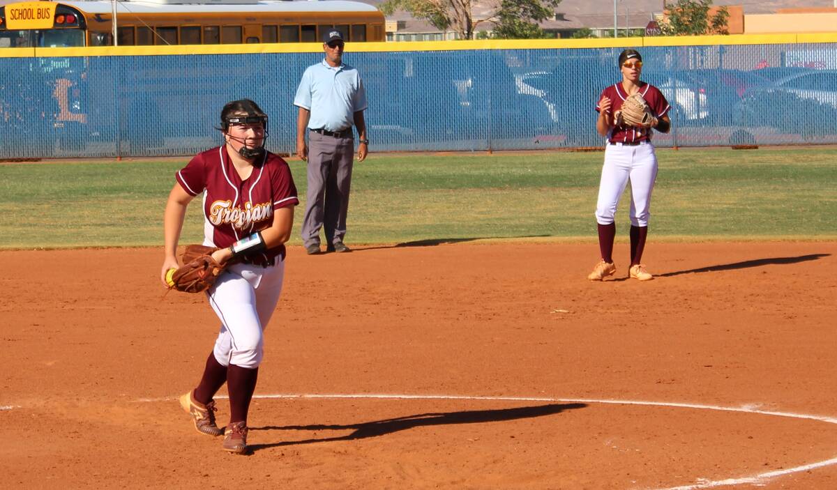 Danny Smyth/Pahrump Valley Times Pahrump Valley pitcher Ava Charles (10) gets ready to deliver ...