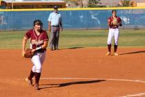 Danny Smyth/Pahrump Valley Times Pahrump Valley pitcher Ava Charles (10) gets ready to deliver ...