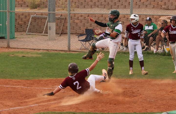 Danny Smyth/Pahrump Valley Times Pahrump Valley Trojans pitcher/shortstop Kyle McDaniel (2) sli ...