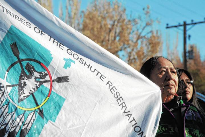 Delaine Spilsbury, an elder of the Ely Shoshone tribe, holds up a Confederated Tribes of Goshut ...