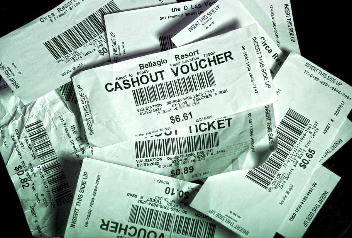 Unredeemed cashout vouchers from Las Vegas casinos on Wednesday, Aug. 17, 2022, in Las Vegas.&# ...