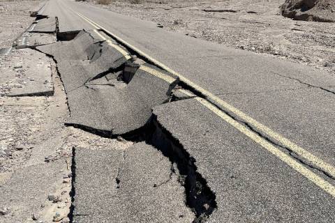 A collapsed roadway on Mud Canyon Road that remains closed in Death Valley National Park as of ...