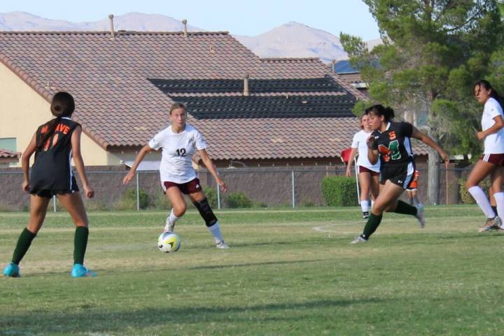 Danny Smyth/Pahrump Valley Times Pahrump Valley senior defender Sarah Christiansen (12) bringin ...