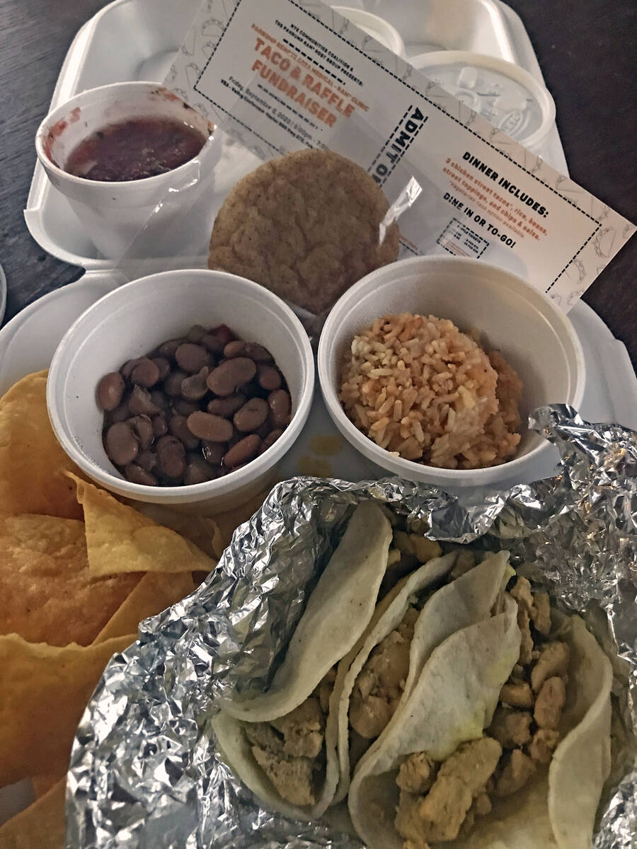 Robin Hebrock/Pahrump Valley Times The RAM Taco Dinner included two chicken street tacos, rice, ...