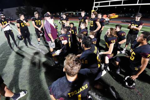 Peter Davis/Pahrump Valley Times Pahrump Valley head coach Thom Walker gives a speech to his t ...