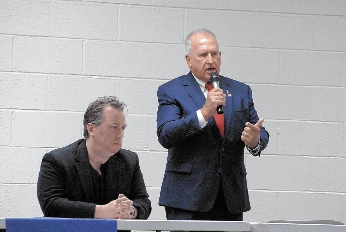 Horace Langford Jr./Pahrump Valley Times file photo Interim clerk Mark Kampf, right, speaks at ...