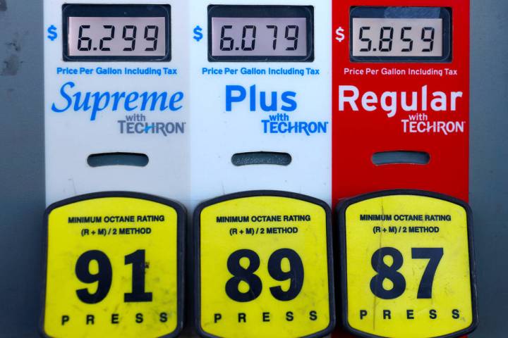 Gas prices are displayed at Chevron, on Tuesday, Oct. 4, 2022, in Las Vegas. (Bizuayehu Tesfaye ...