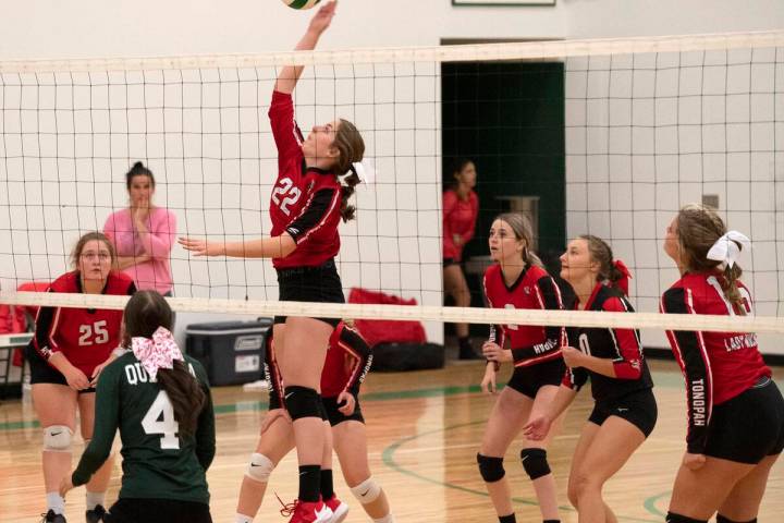 Richard Stephens/Tonopah Times Junior hitter Ashlee Thompson (22) skying up for a kill in Tonop ...