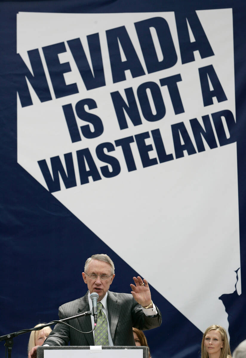 Former Senate Majority Leader Harry Reid, D-Nev., speaks at an anti-Yucca Mountain rally at Cla ...
