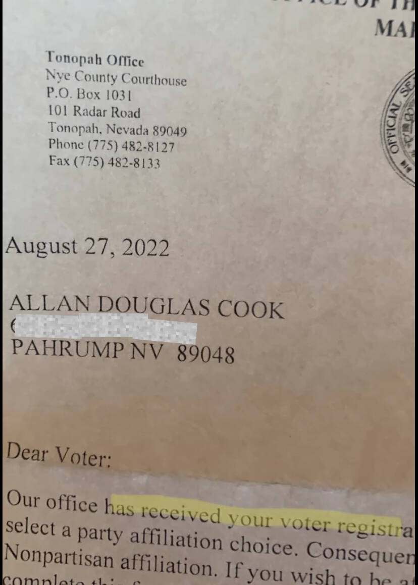 Brent Schanding/Pahrump Valley Times A letter sent by the Nye County clerk confirming that Alla ...