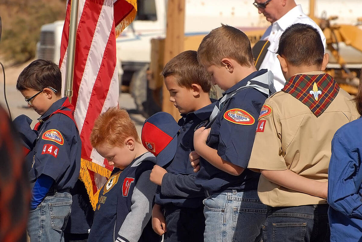 Horace Langford Jr./Pahrump Valley Times Members of Boy Scout Troop #444 bow their heads in pra ...